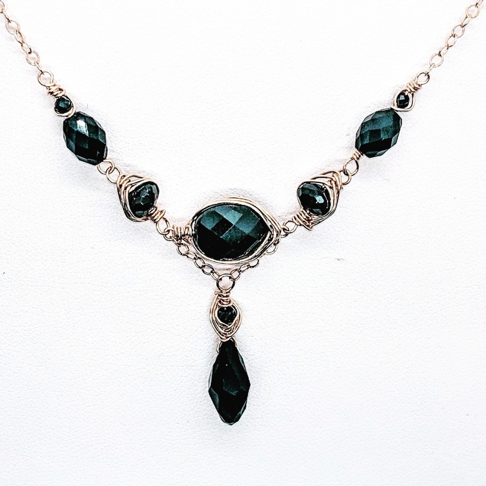 Black spinel, crystal (drop) & 14kt GF necklace